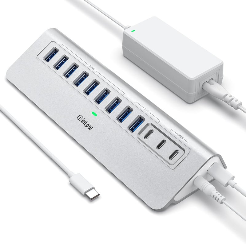 intpw YH9AC Powered USB Hub 10Gbps, 12 Port USB C Hub with 10Gbps USB C 3.2+2 USB A 3.2, 7 USB 3.0, 2 PD 45W Charging Port, 65W Power Adapter + 3.3FT Cable, Aluminum USB Hub for Laptop/iPhone 17/16/PC - Image 1